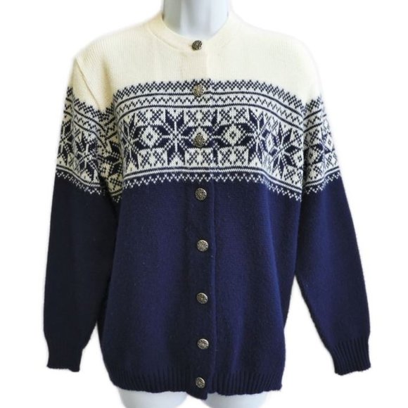 Vintage 50s Sweater Cardigan Navy White Fair Isle Antique Silver Floral Buttons - Picture 2 of 9